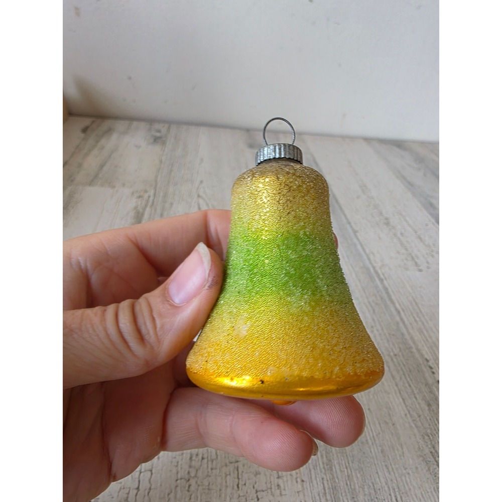 Vintage shiny Brite Venetian dew green yellow sugared glass bell ornament Xmas